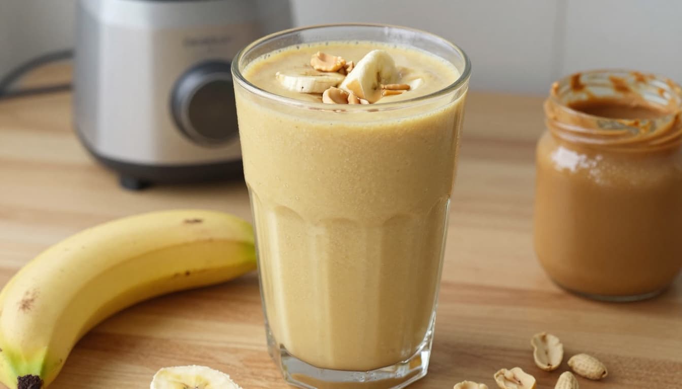 Photo-realistic close-up of a tall glass filled with thick, creamy yellow banana peanut butter smoothie on a wooden kitchen counter, featuring visible banana chunks, condensation on the glass, peeled banana, open peanut butter jar, scattered peanuts, and a blender in the background under soft natural light.