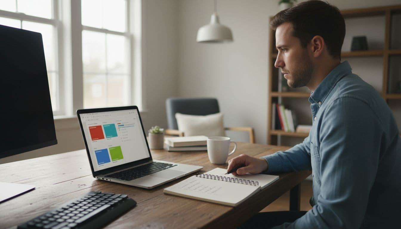Photorealistic landscape of a beginner SaaS founder focused at a wooden desk in a bright home office, laptop displaying no-code MVP wireframes, notepad with SaaS ideas like compliance checker and quote generator, coffee mug, natural daylight.