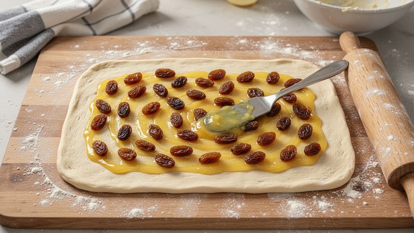 Top-down view of smooth dough spread with bright yellow lemon curd and sprinkled with plump sultanas on a floured wooden board, ready to roll for Belgian buns.