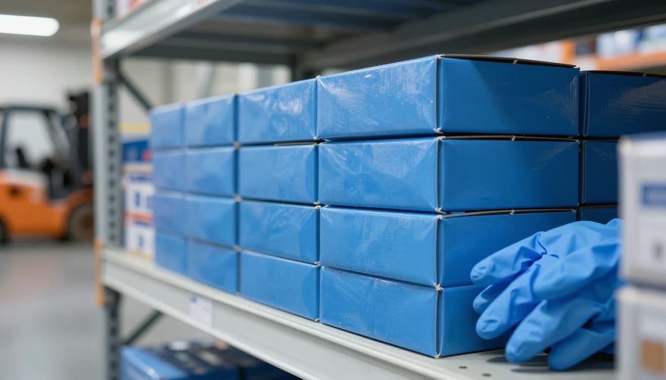 Photorealistic image of boxes of blue nitrile disposable gloves arranged on a metal warehouse shelf with blurred industrial background including pallets and forklifts.