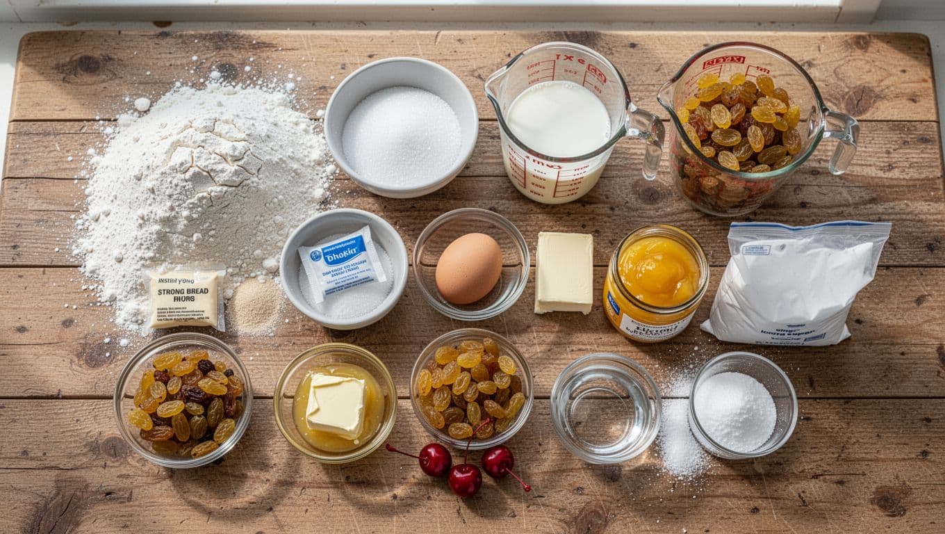 Overhead shot of ingredients for budget Belgian buns neatly arranged on a rustic wooden counter, including flour, yeast, sugar, milk, egg, butter, lemon curd, sultanas, icing sugar, water, and glacé cherries, in realistic still life style.