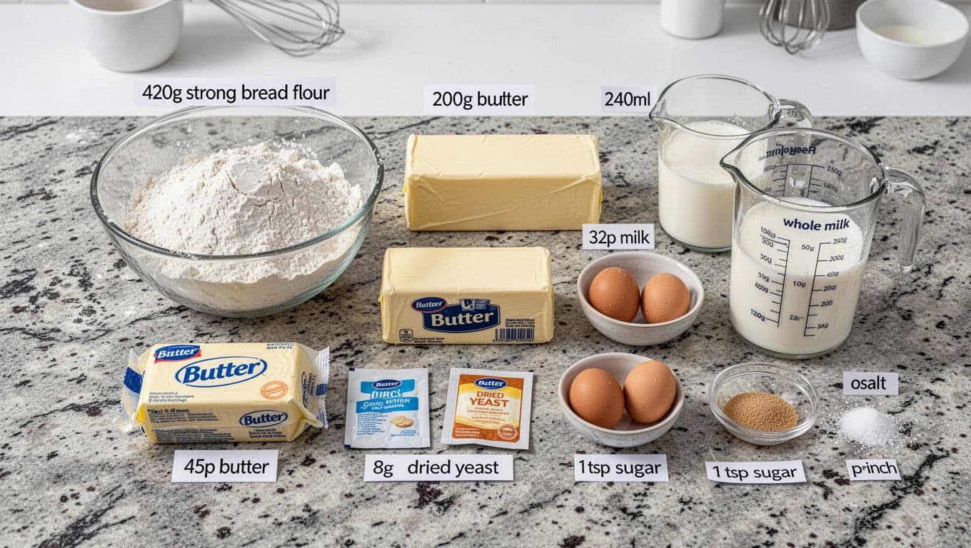 Top-down view of measured ingredients for a homemade budget croissant recipe on a clean granite counter, including flour, butter, milk, eggs, yeast, sugar, and salt, each with price labels.
