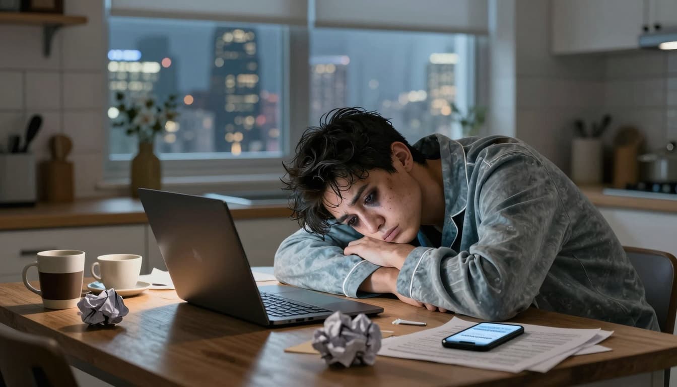 Burnt-out Gen Z job seeker sitting at a kitchen table late at night surrounded by rejections. Image created with AI. Burnt-out Gen Z job seeker sitting at a kitchen table late at night surrounded by rejections. Image created with AI.