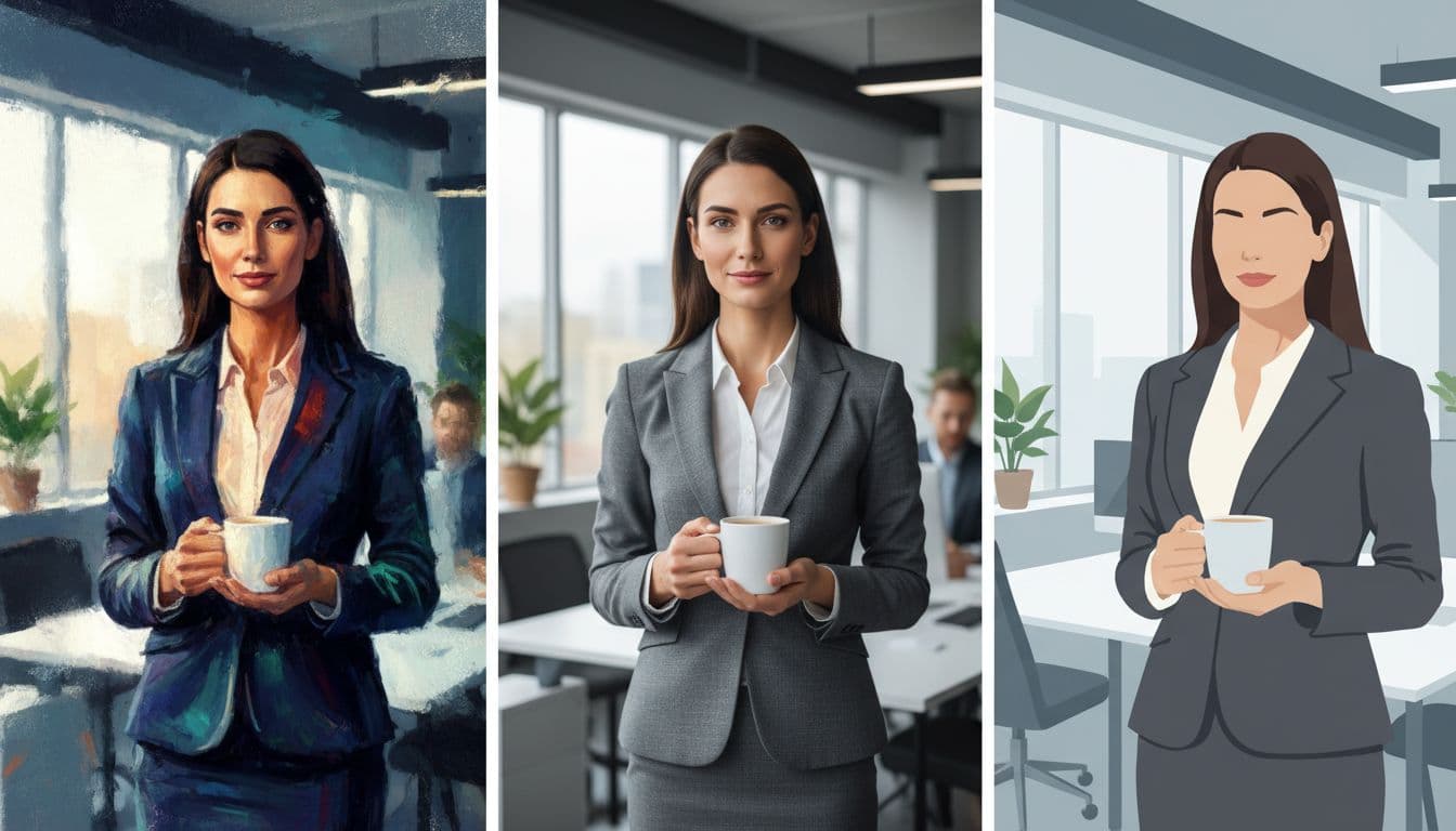 Landscape triptych comparing three styles of a confident businesswoman holding a coffee mug in a modern office: artistic stylized left, hyper photorealistic center, clean illustrative right.