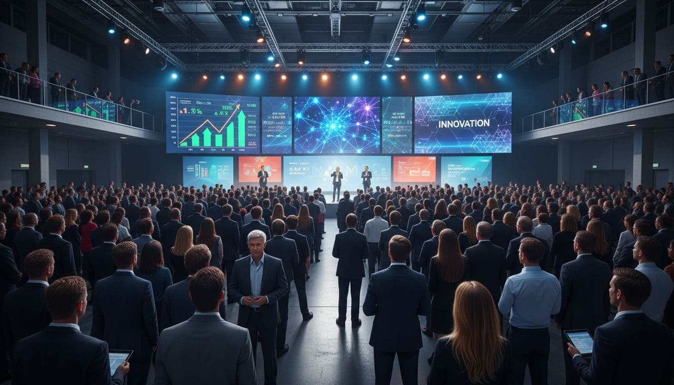Photo-realistic image of a packed tech conference hall with hundreds of business-casual attendees focused on giant screens showing rising AI stock charts, neural networks, and hype banners amid an excited networking atmosphere.