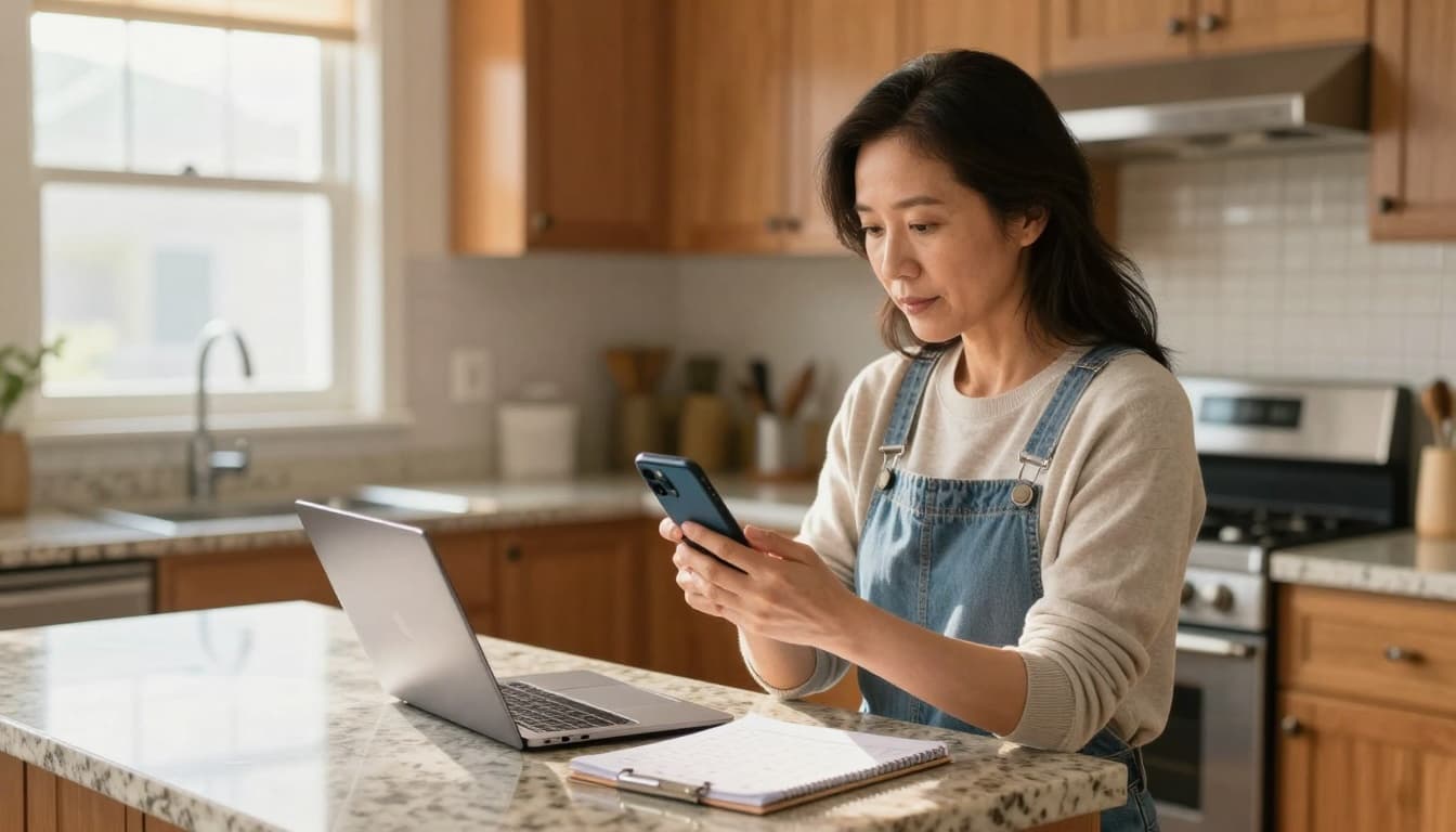 A busy middle-aged homeowner stands in a modern kitchen holding a smartphone to schedule a home service appointment with a focused expression. Sunlight streams through windows onto granite counters, stainless appliances, and a nearby laptop with an open calendar.