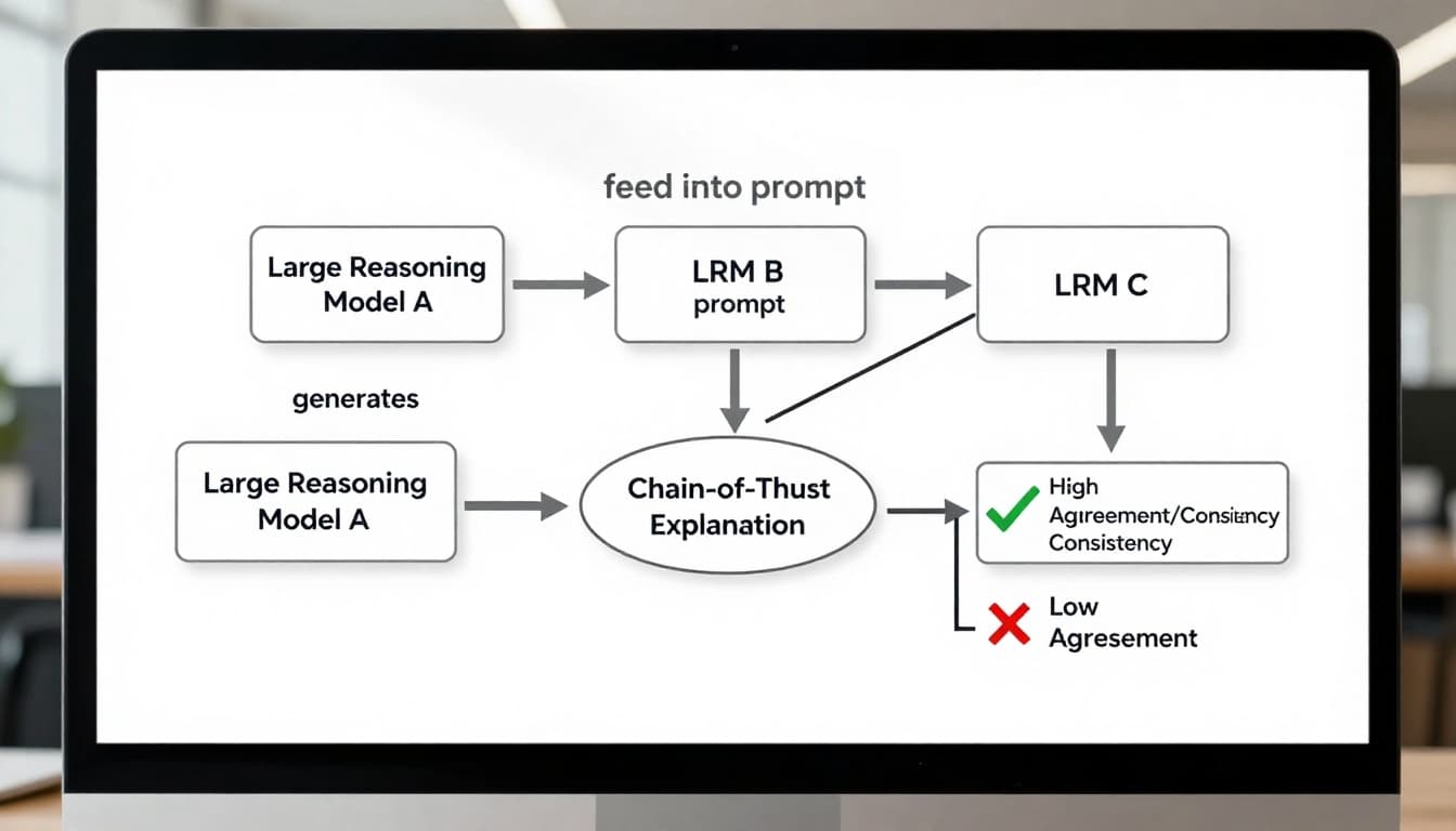 Cross-model consistency check diagram showing one model’s explanation fed to other models