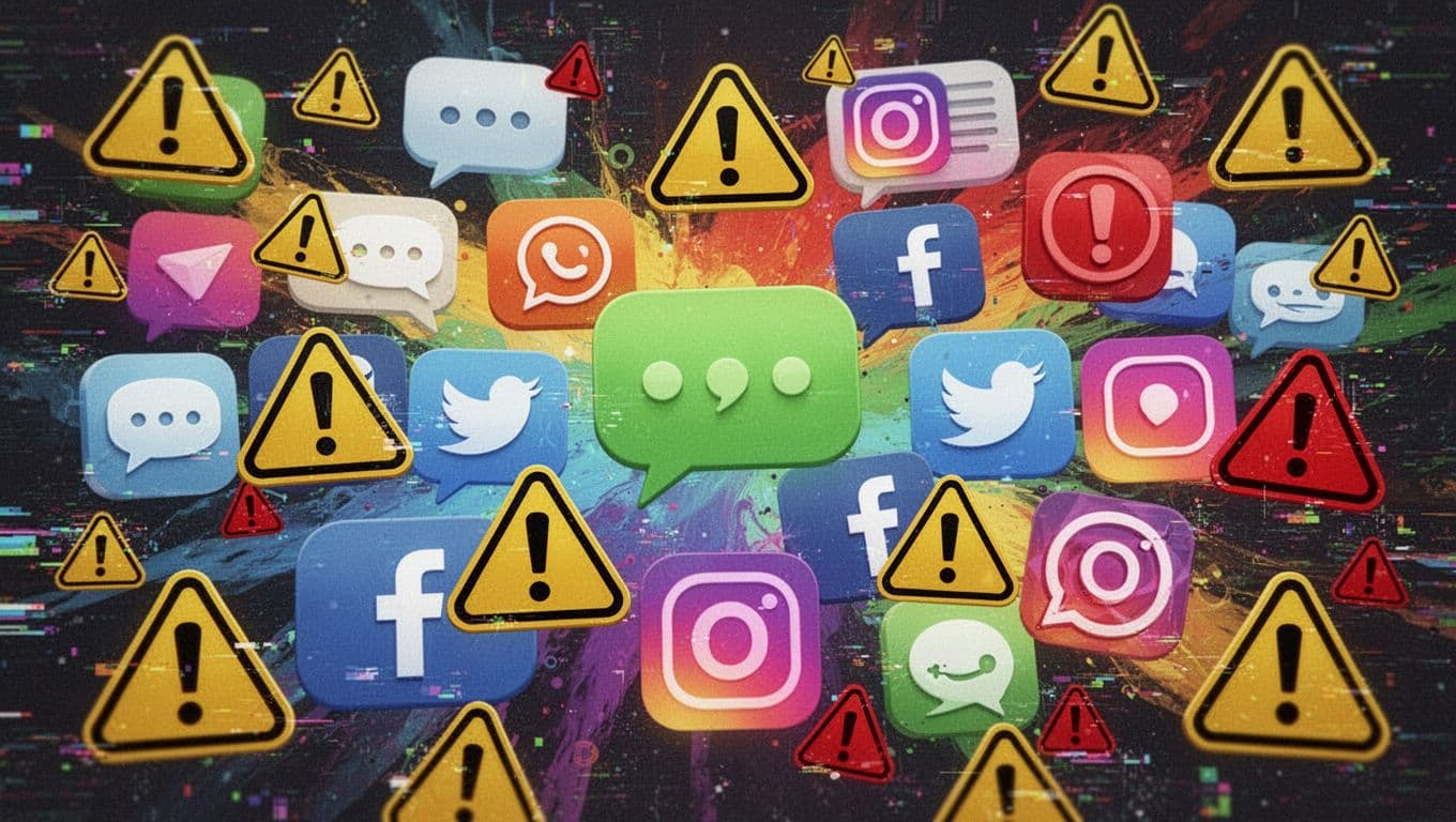 Dynamic collage of colorful app icons including speech bubbles and social media symbols, overlaid with yellow warning triangles and red exclamation alerts, set against subtle glitch distortions in a vibrant rainbow palette. Abstract futuristic digital art with high contrast, energetic chaotic mood, and organized clutter layout.