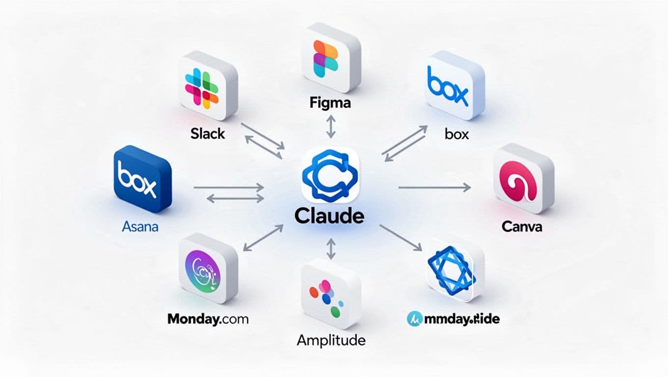 A clean, modern isometric 3D diagram featuring Claude AI as the central hub connected to workplace apps including Slack, Figma, Box, Asana, Canva, Monday.com, Amplitude, and Hex, with bidirectional arrows showing data flow.