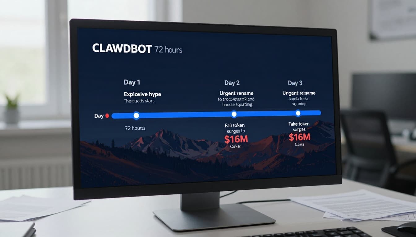 Photorealistic landscape image of a horizontal timeline graphic for CLAWDBOT's 72-hour key events displayed on a sleek digital screen on a modern office desk with papers and keyboard.