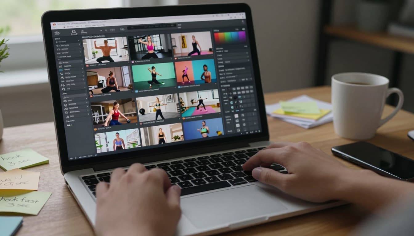 Close-up photo-realistic view of an open laptop on a cluttered creative desk displaying video editing software with blurred social media clip thumbnails, hands typing on keyboard amid sticky notes, coffee, and smartphone in soft natural light.