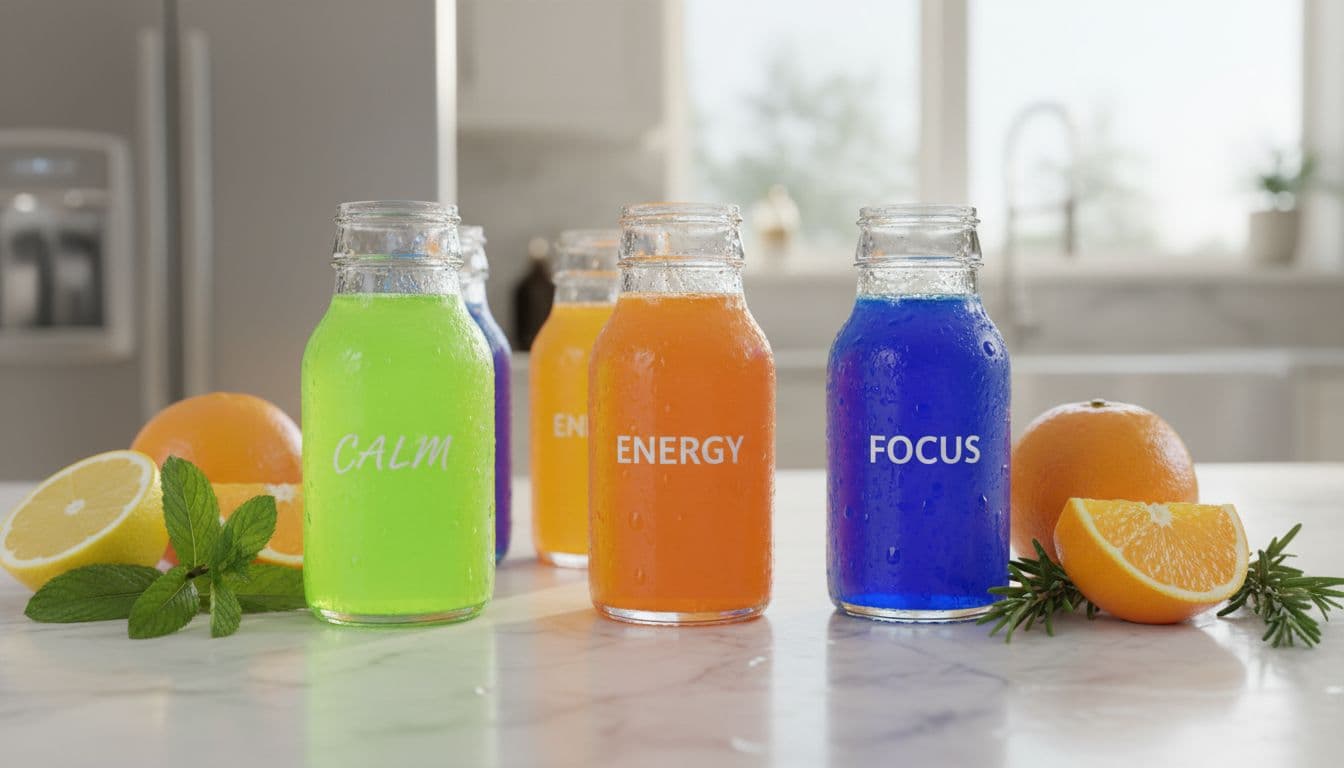 Colorful supplement shot bottles on a kitchen counter