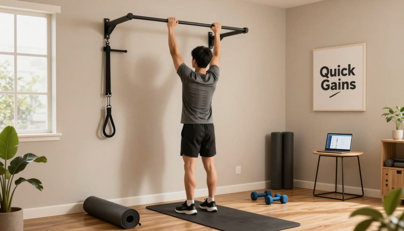 Photorealistic image of a compact home workout space for busy remote workers, featuring a door-mounted pull-up bar in use for chin-ups, resistance bands, yoga mat, dumbbells, laptop with fitness app, and motivational 'Quick Gains' wall art under warm afternoon light.