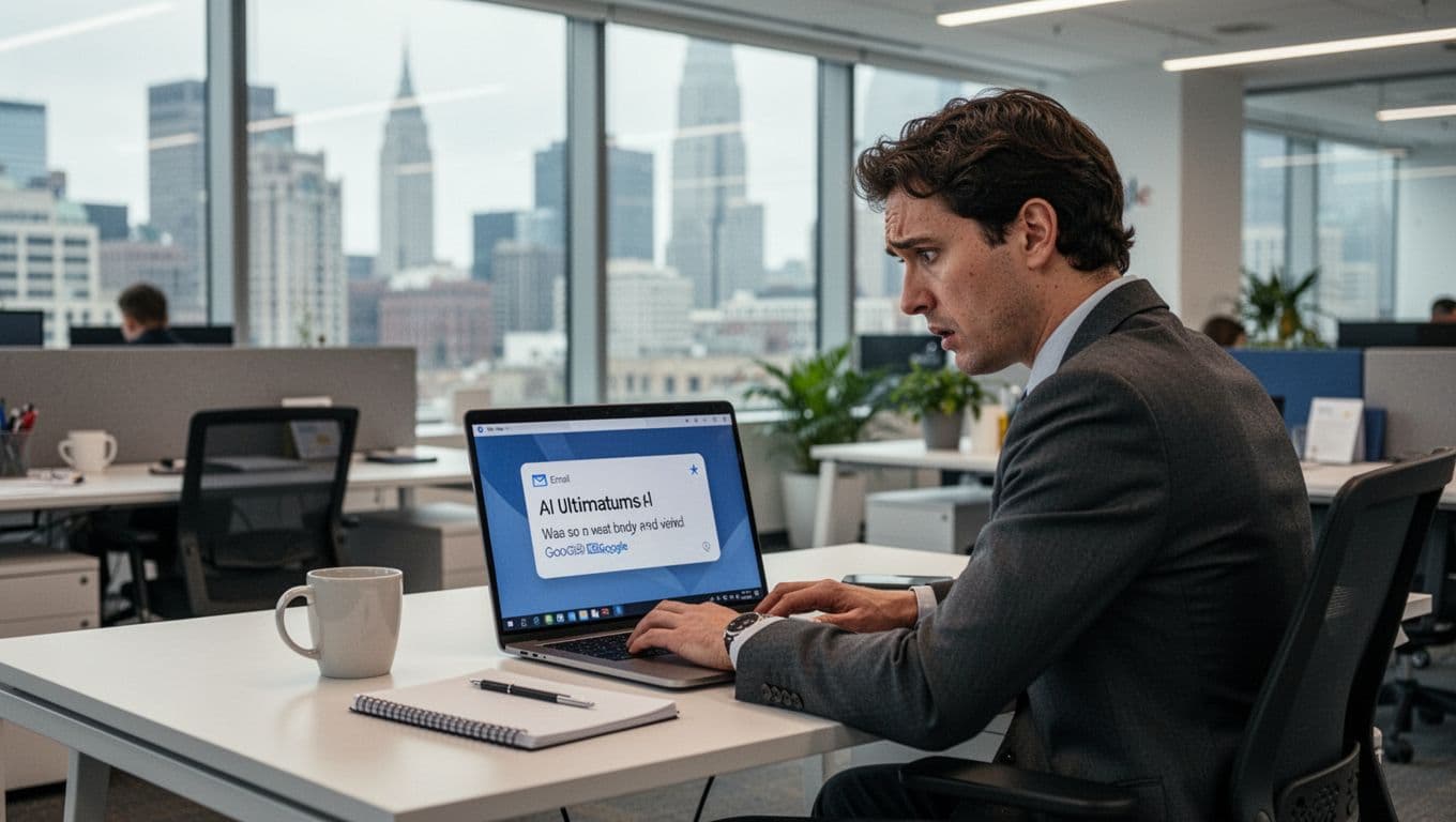 A professional office worker at a modern desk in a bright open-plan office stares with concern at a laptop screen showing an AI ultimatum email notification, accompanied by a coffee mug, notepad, and city skyline view through large windows.