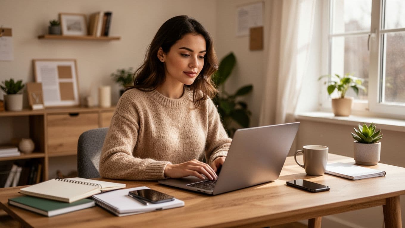 A confident young woman sits at a cozy home office desk with a laptop and smartphone, surrounded by notebooks and a coffee mug, natural daylight illuminating the productive atmosphere.