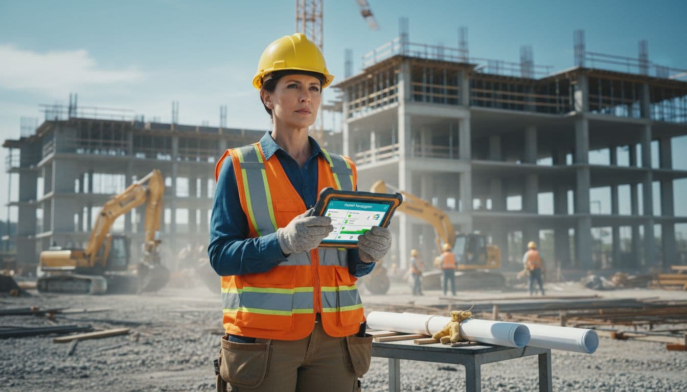 Construction manager using a tablet with permit checklist