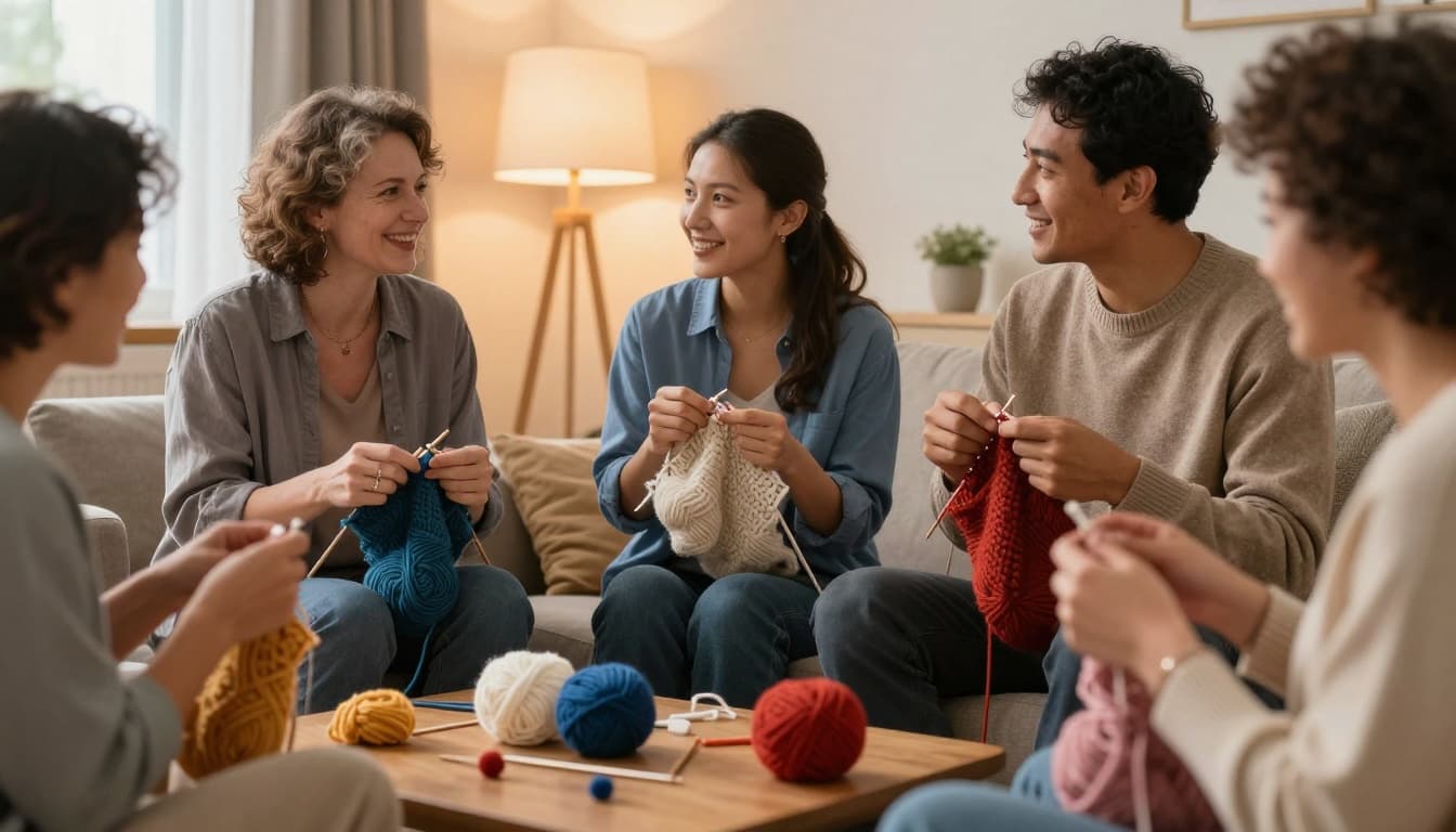 Group knitting and talking in a living room