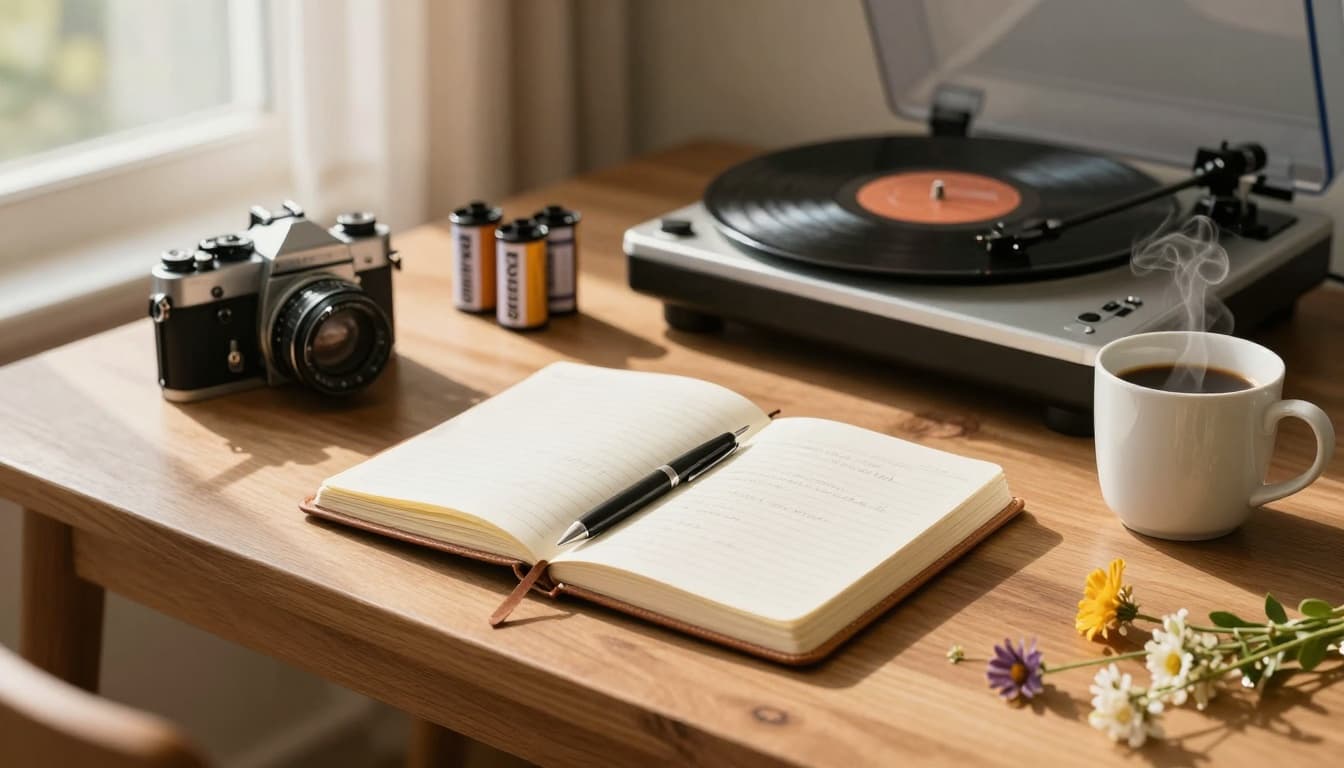 Cozy desk with notebook, film camera, and vinyl