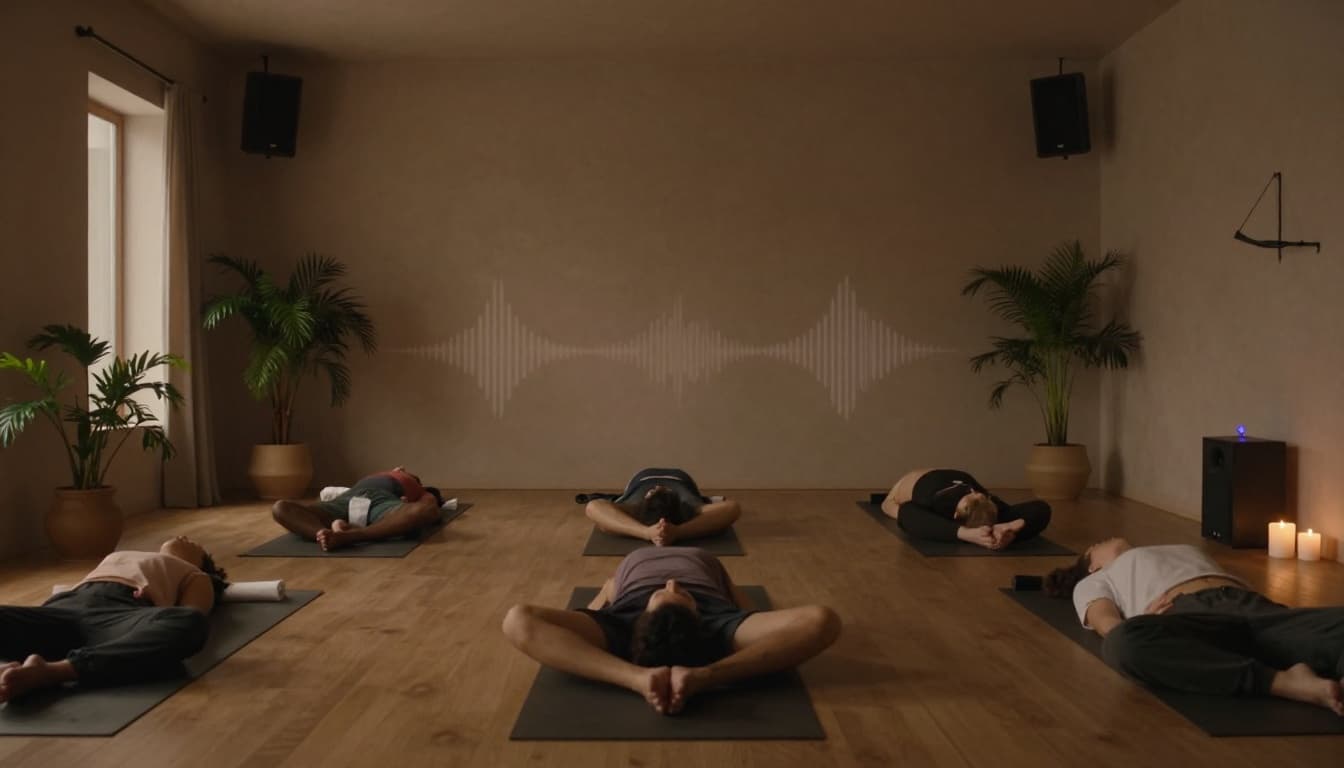 A photo-realistic cozy wellness studio with soft lighting, yoga mats, plants, and a speaker playing ambient music visualized as faint sound waves. People meditate in relaxed poses amid warm earth tones and a peaceful atmosphere.