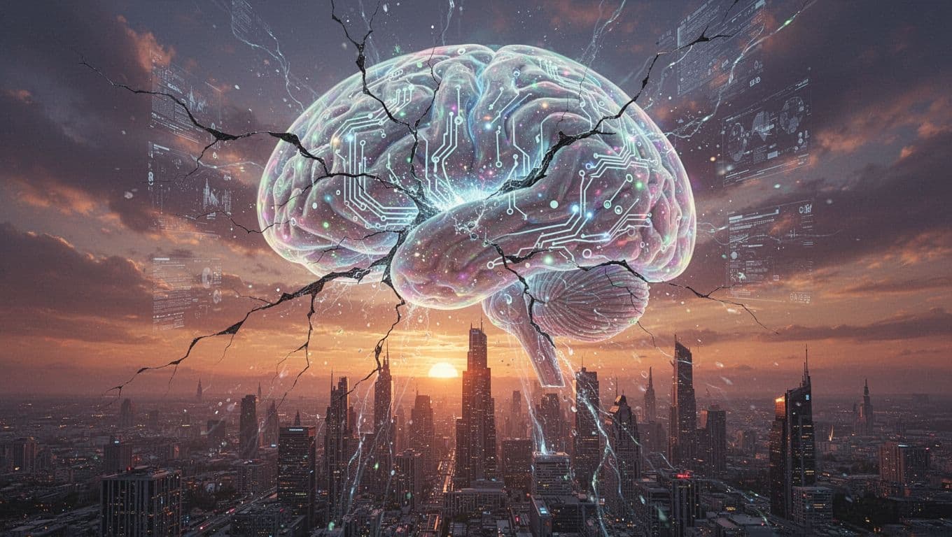 Surreal digital art of a giant soap bubble resembling a glowing neural network brain with circuit patterns and cracks, floating above a futuristic city skyline at sunset under a dramatic orange and purple sky.