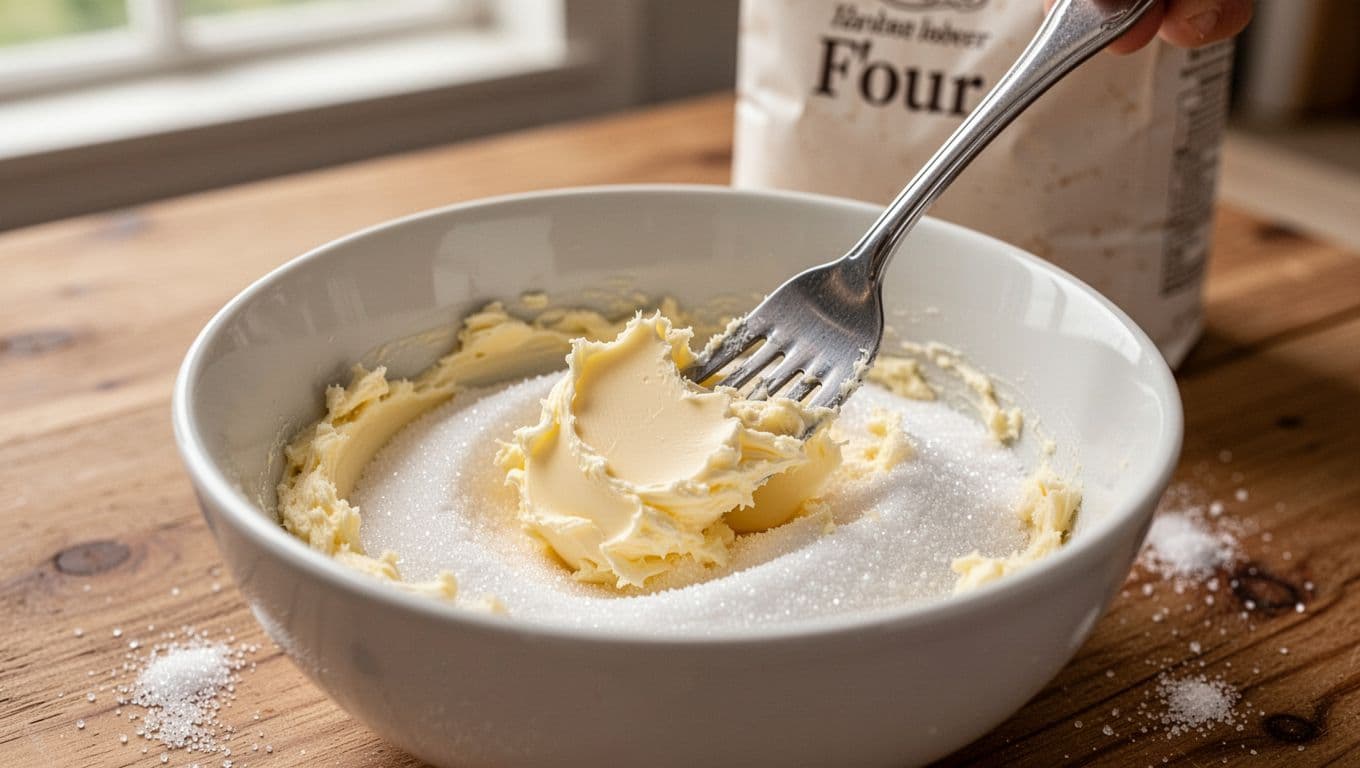 Close-up of softened unsalted butter mashed into white sugar with a metal fork in a white mixing bowl on a wooden kitchen table, flour bag blurred in background.