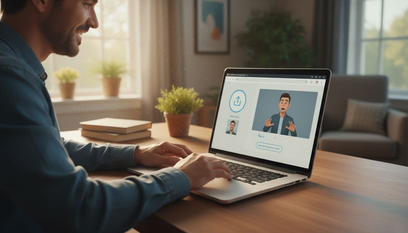 Photo-realistic scene of a person in a cozy home office using a web browser on a laptop to upload a photo and generate an animated talking head video, with screen showing input and preview of a gesturing man.
