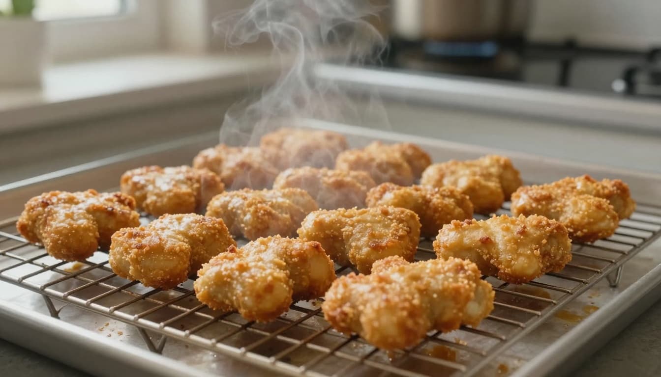 Homemade chicken nuggets on a cooling rack, golden and crispy, budget recipe batch cooking Homemade chicken nuggets on a cooling rack, golden and crispy, budget recipe batch cooking