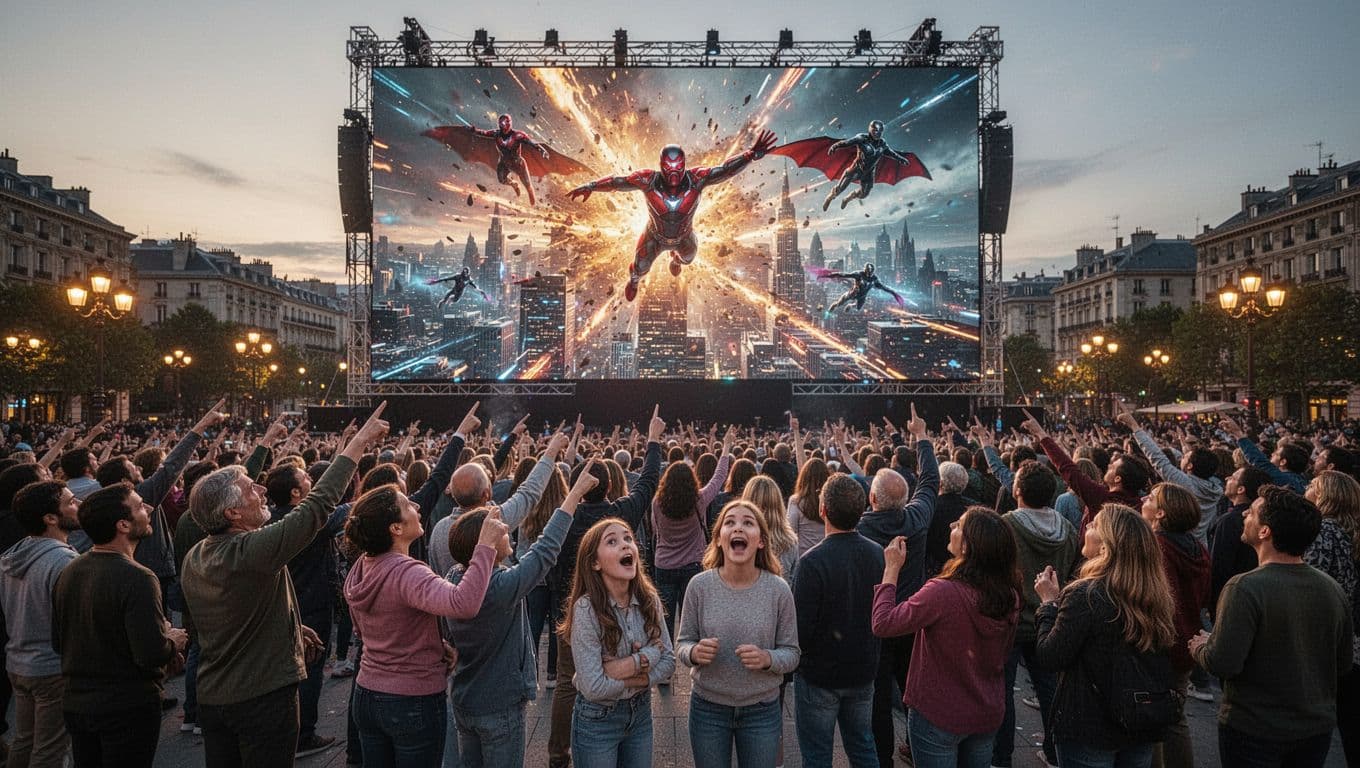 A large diverse crowd gathers in a city square at dusk, pointing and reacting with awe to a massive LED screen displaying vibrant AI-generated movie clips featuring explosive action, flying heroes, and dramatic cityscapes; a family watches intently in the foreground.