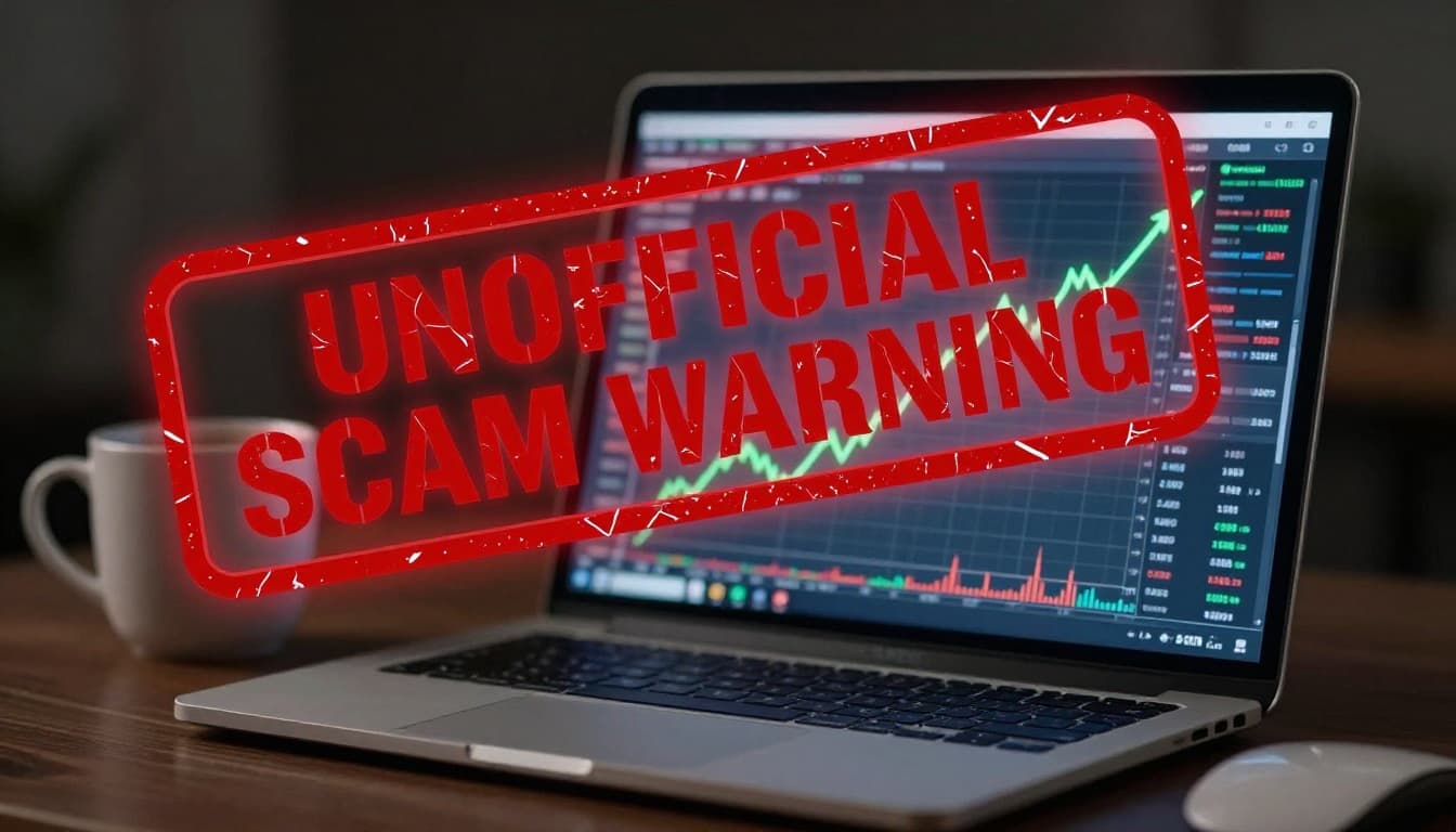 Photorealistic landscape of a laptop on a dark wooden desk with mouse and coffee mug, screen showing green upward crypto trading chart overlaid with bold red 'UNOFFICIAL' and 'SCAM WARNING' rubber stamp with cracked edges and glow.