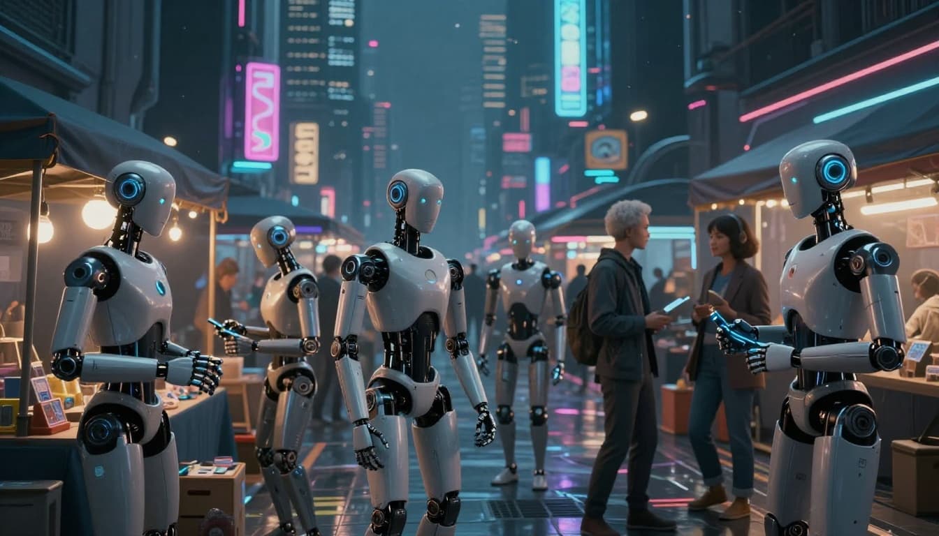 Photo-realistic illustration of humanoid AI agents as robots trading digital items like API keys in a bustling virtual marketplace with neon-lit cyberpunk city background.