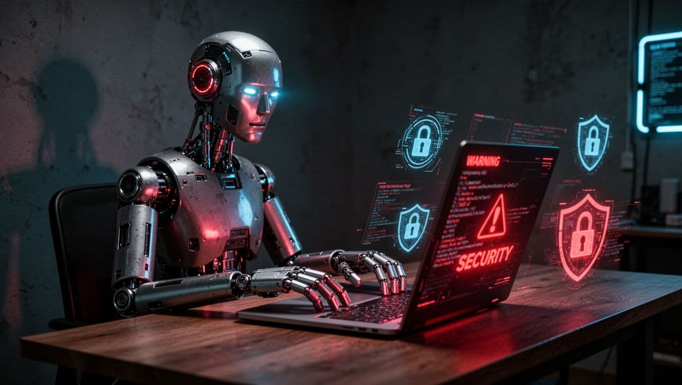 A sleek humanoid robot with glowing eyes sits alone in a dimly lit cyberpunk room, hands on a laptop displaying red security alerts and floating holographic locks.
