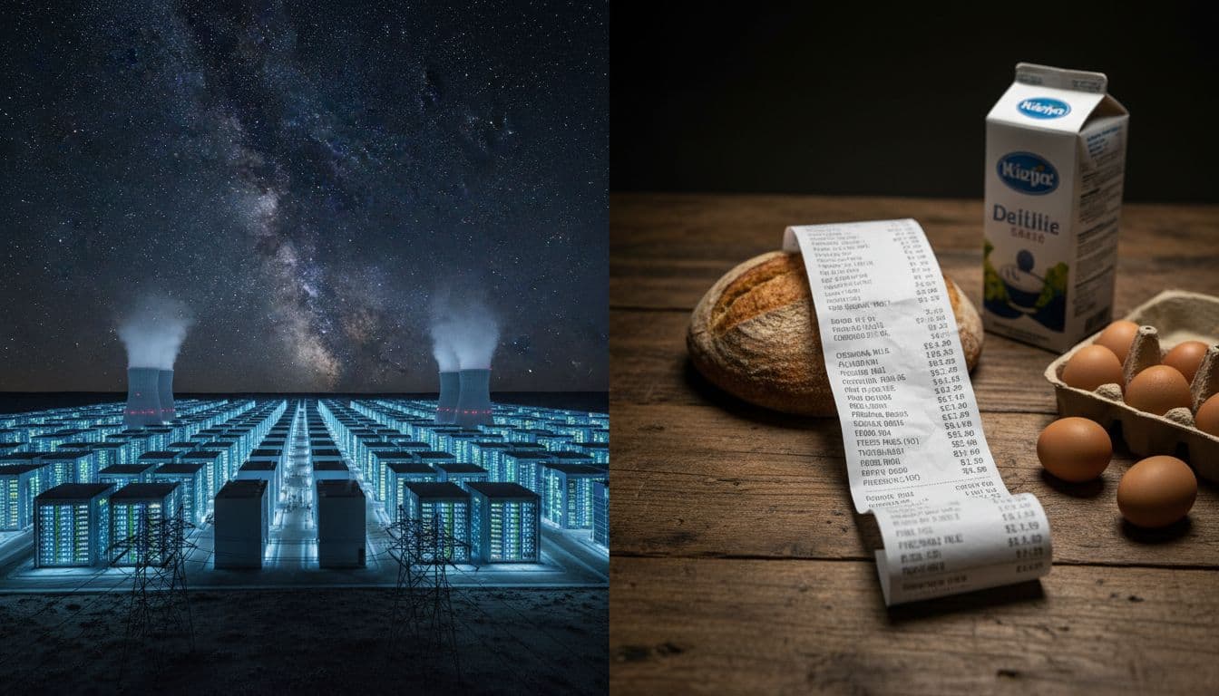Split-screen image contrasting vast data centers with glowing servers under starry skies and a detailed high-price grocery receipt amid household items, emphasizing tech power versus budget strain.