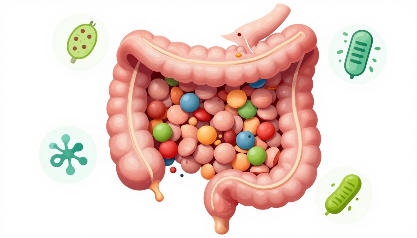 Realistic infographic-style cross-section of the human digestive system featuring healthy gut bacteria icons around colorful lentils entering the gut, emphasizing lentils' benefits for gut health with vibrant colors and clean background.
