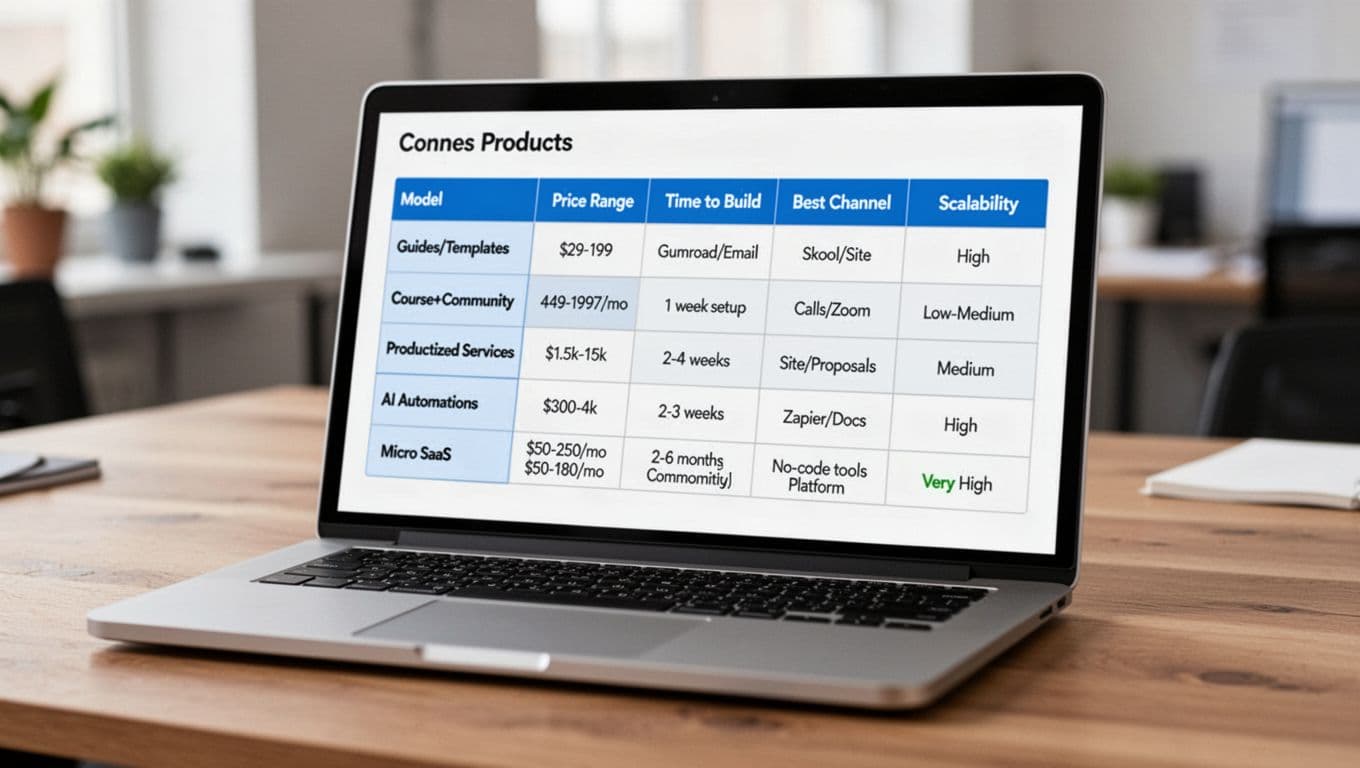 Realistic laptop screen displaying a detailed comparison table of digital product models including pricing, build time, channels, and scalability.