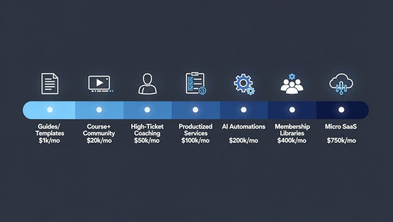 Clean landscape infographic with a horizontal blue gradient bar showing earnings ranges for seven digital product models, from Guides/Templates at $1k/mo to Micro SaaS at $750k/mo, featuring minimalist icons and sans-serif labels.