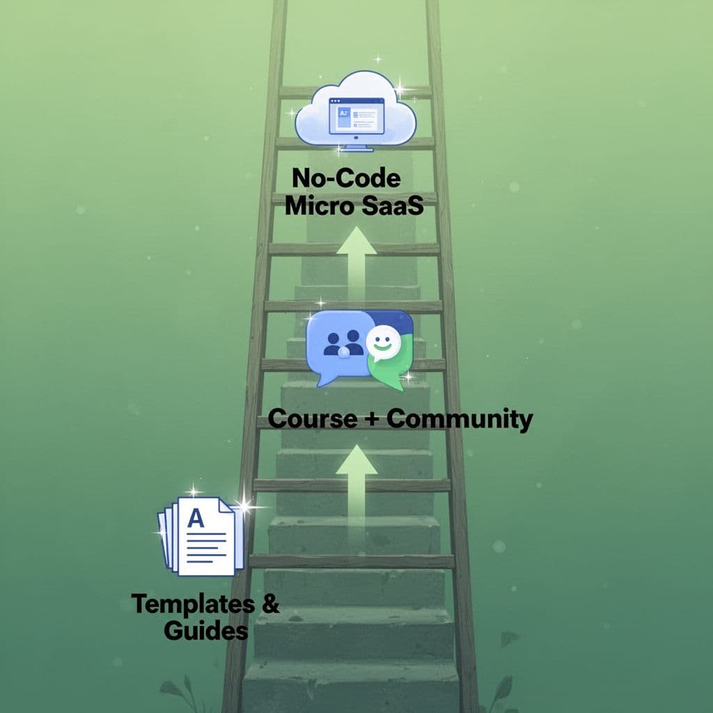 Vertical ladder diagram infographic showing progression from Templates & Guides at the bottom, to Course + Community in the middle, and No-Code Micro SaaS at the top, with icons, upward arrows, and green gradient background.