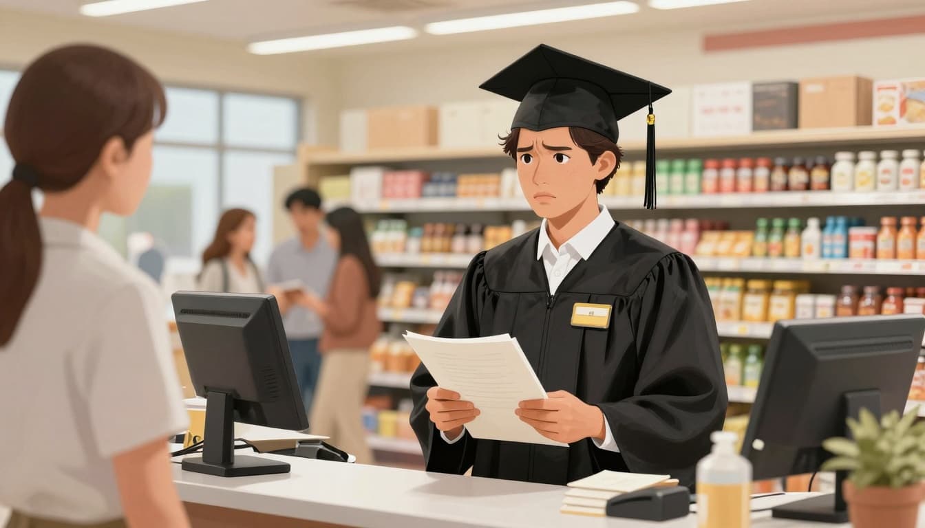 Recent graduate in cap and gown working as a retail cashier, looking disappointed. Image created with AI. Recent graduate in cap and gown working as a retail cashier, looking disappointed. Image created with AI.