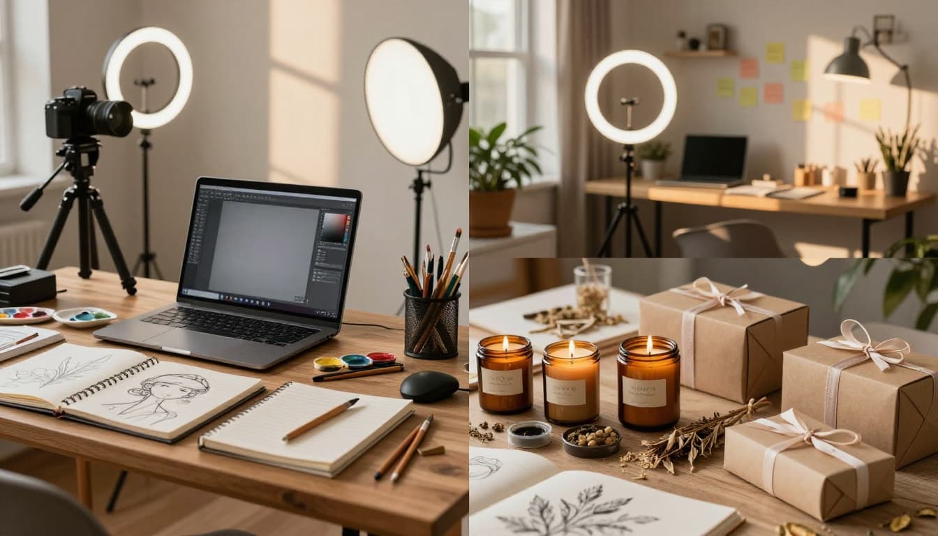 A photo-realistic collage of diverse creative workspaces in landscape format, featuring a cluttered artist's desk with sketchbooks, paints, laptop, professional camera setup, handmade soy candles, and a cozy home office with golden hour sunlight. A photo-realistic collage of diverse creative workspaces in landscape format, featuring a cluttered artist's desk with sketchbooks, paints, laptop, professional camera setup, handmade soy candles, and a cozy home office with golden hour sunlight.