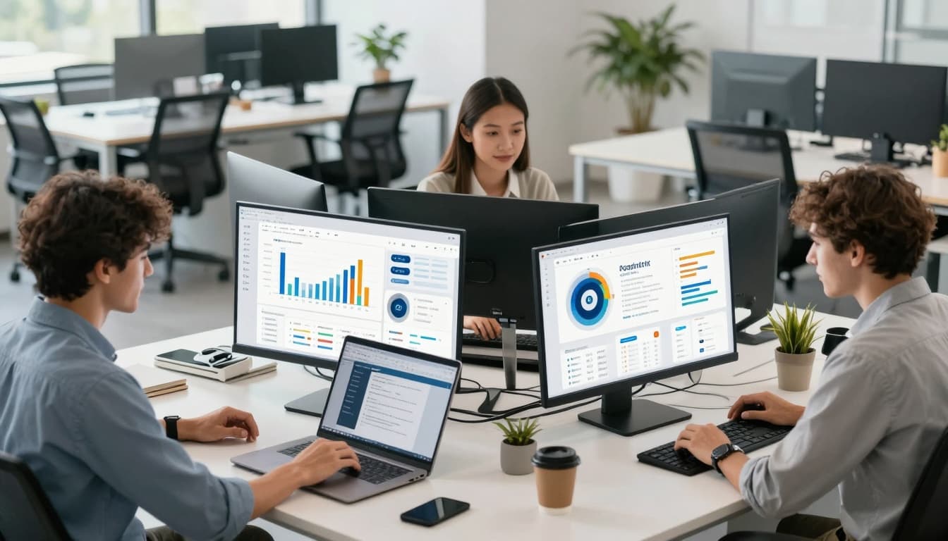 Team of young professionals using AI tools in a modern office with some empty desks. Image created with AI. Team of young professionals using AI tools in a modern office with some empty desks. Image created with AI.