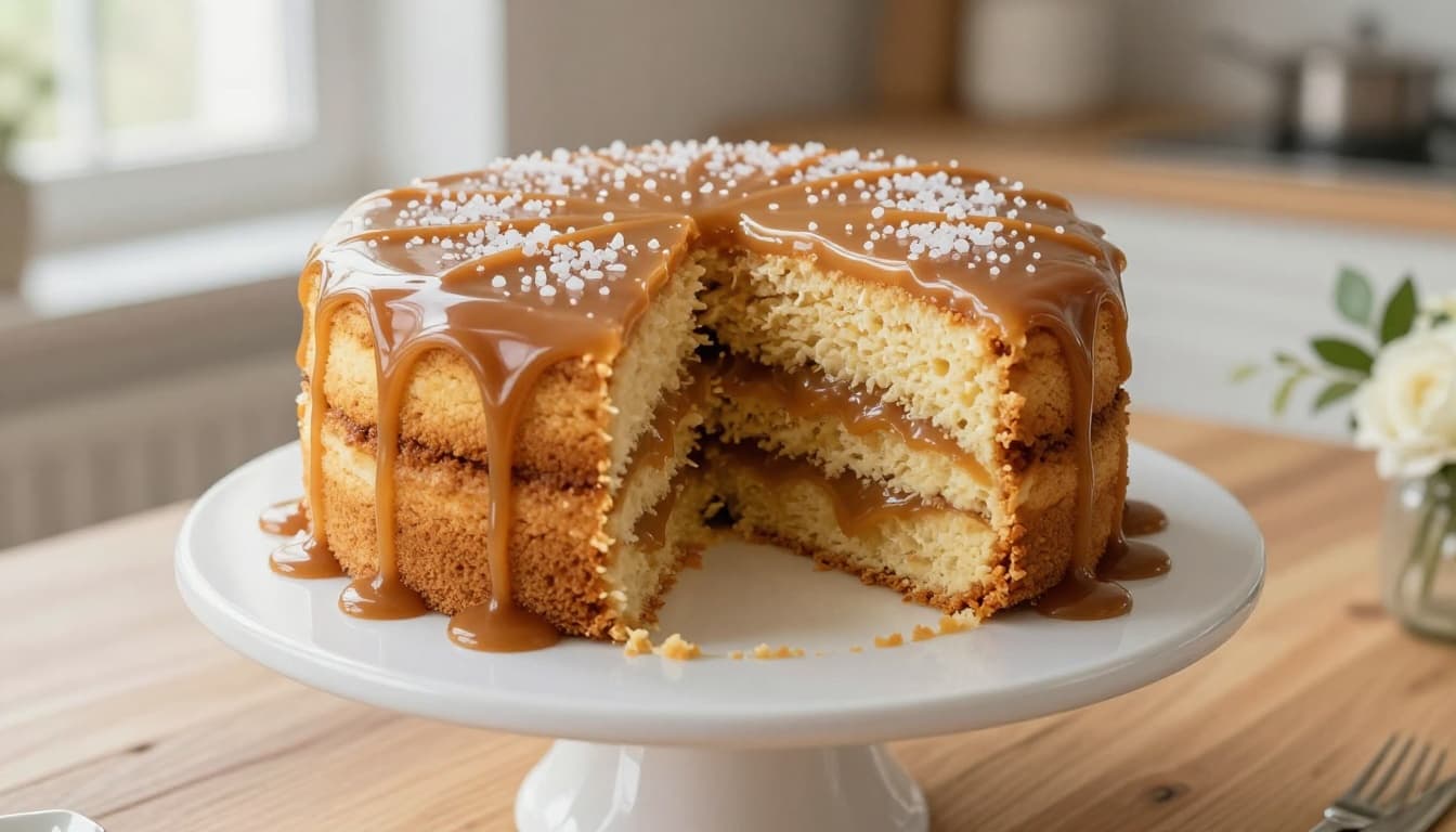 A beautiful two-layer salted caramel cake on a white stand in a bright kitchen, with thick caramel sauce dripping down the sides and a slice revealing the moist golden crumb inside.