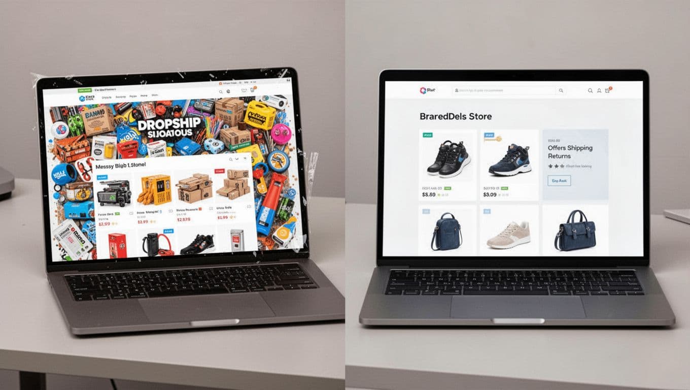 Side-by-side laptops on a neutral desk compare a cluttered, untrustworthy dropship store page on the left with a clean, professional branded e-commerce store on the right.