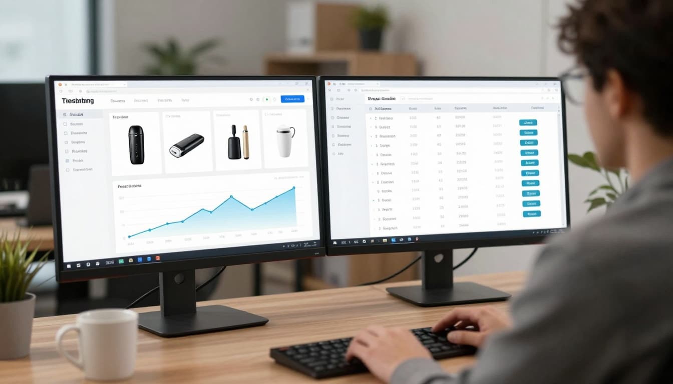 A modern entrepreneur sits at a desk with dual monitors displaying AI dashboards for dropshipping product research, one showing trending products and graphs, the other supplier lists from AliExpress, in a softly lit professional office.