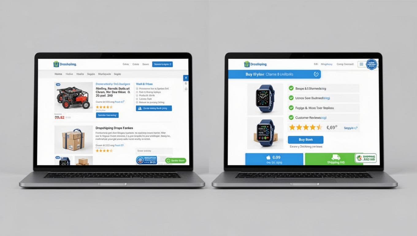 Side-by-side comparison on laptops: cluttered generic dropshipping page (left) vs. clean professional redesign (right) with high-res images, benefits, reviews, and clear CTA.