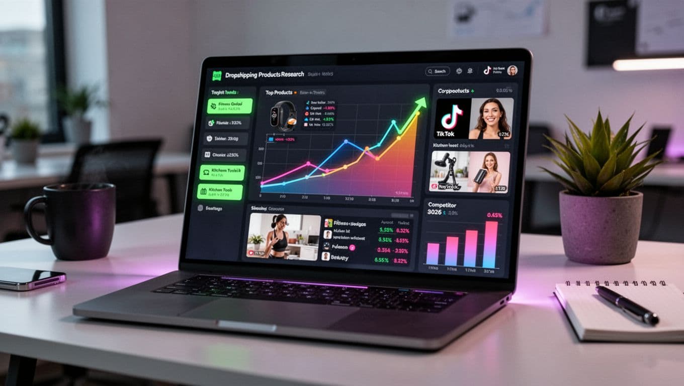 Photorealistic laptop screen displaying a futuristic trend dashboard for dropshipping product research, with rising sales charts, top products like fitness gadgets and beauty items in green highlights, TikTok thumbnails, and competitor bar graphs in dark mode UI. Positioned on a modern desk with plant and notepad under soft lighting for a motivational high-tech vibe.