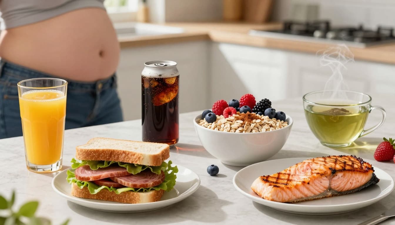 A divided kitchen table contrasts unhealthy options like sugary juice, processed sandwich, and soda with a belly shadow on the left, against healthy alternatives including berries, cinnamon oats, green tea, and grilled salmon on the right, in vibrant, realistic food photography.