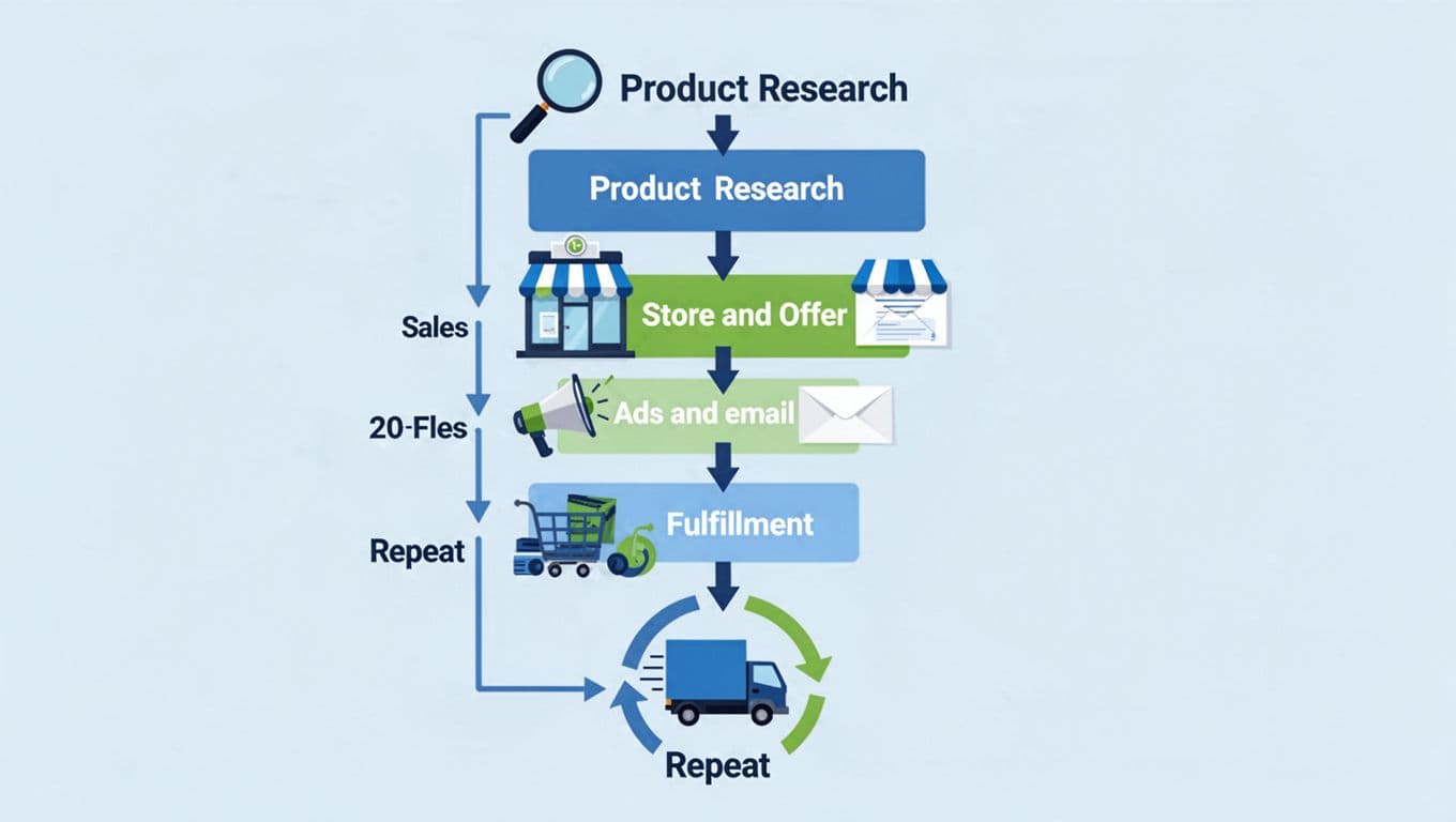 Clean vector illustration of an e-commerce sales funnel diagram featuring stages from product research to repeat loop, using professional blue and green colors in flat design style.