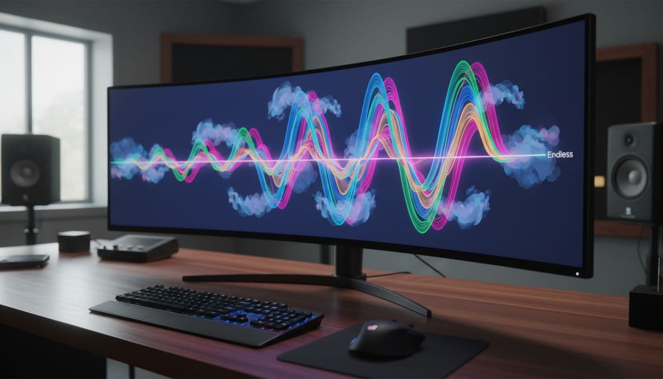 A photo-realistic infographic-style visualization of a continuous, non-repeating music timeline waveform on a computer monitor in a modern music production room, featuring organic colorful peaks, subtle quantum probability clouds, and a faint 'Endless' label.