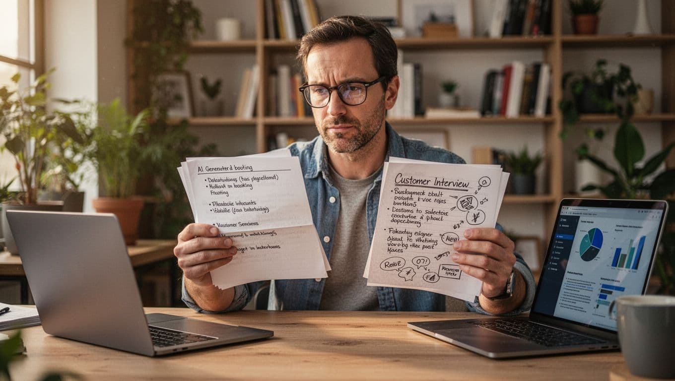In a cozy modern home office, a mid-30s entrepreneur with glasses sits pensively at a wooden desk, holding pages from stacks of AI-generated bullet points and doodled handwritten customer interview notes.