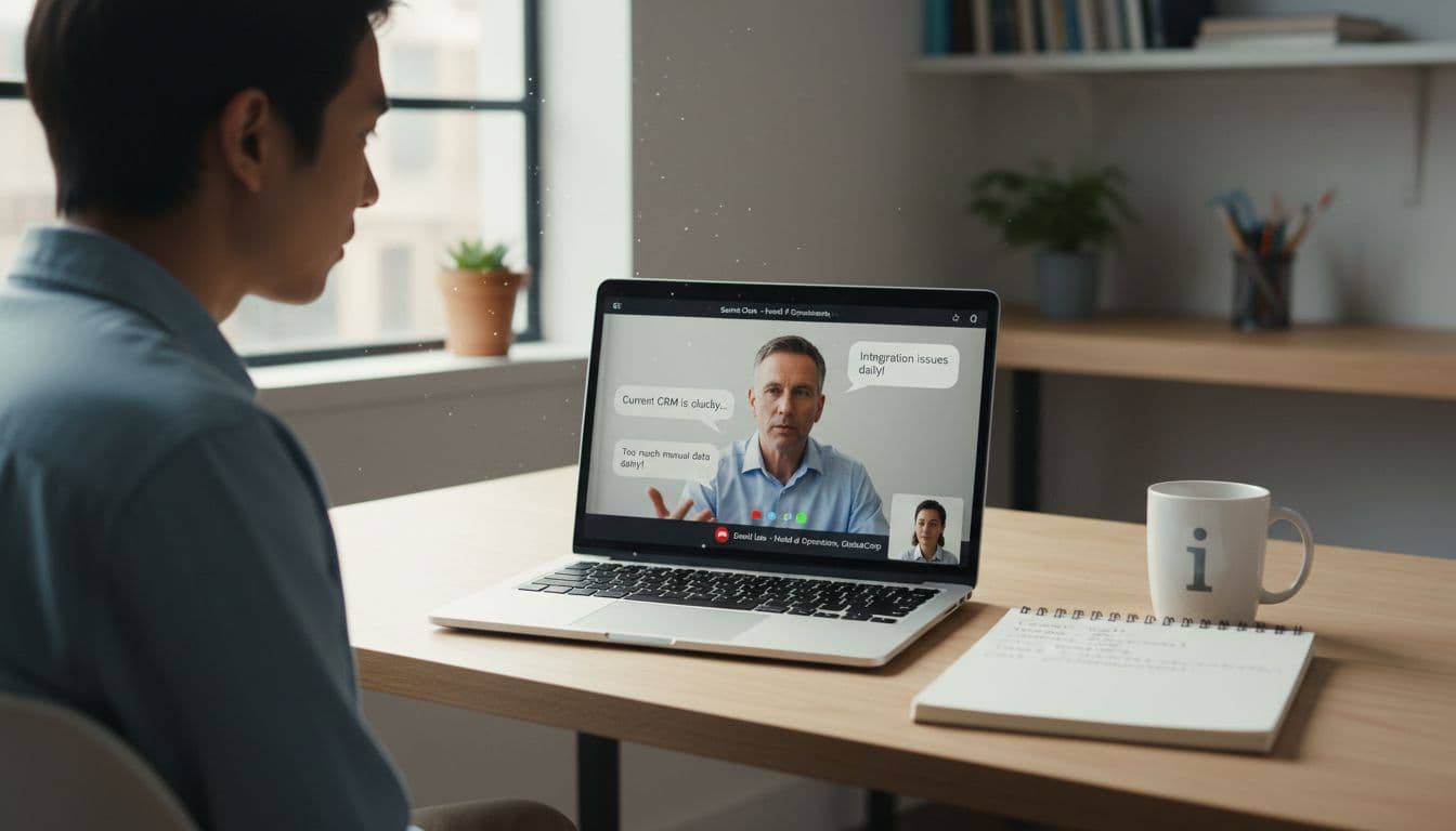 Photo-realistic image of a young entrepreneur in a cozy home office on a video call validating a SaaS idea. Laptop screen shows Zoom interface with a business professional discussing pain points, notepad with notes on tools, time spent, and costs.