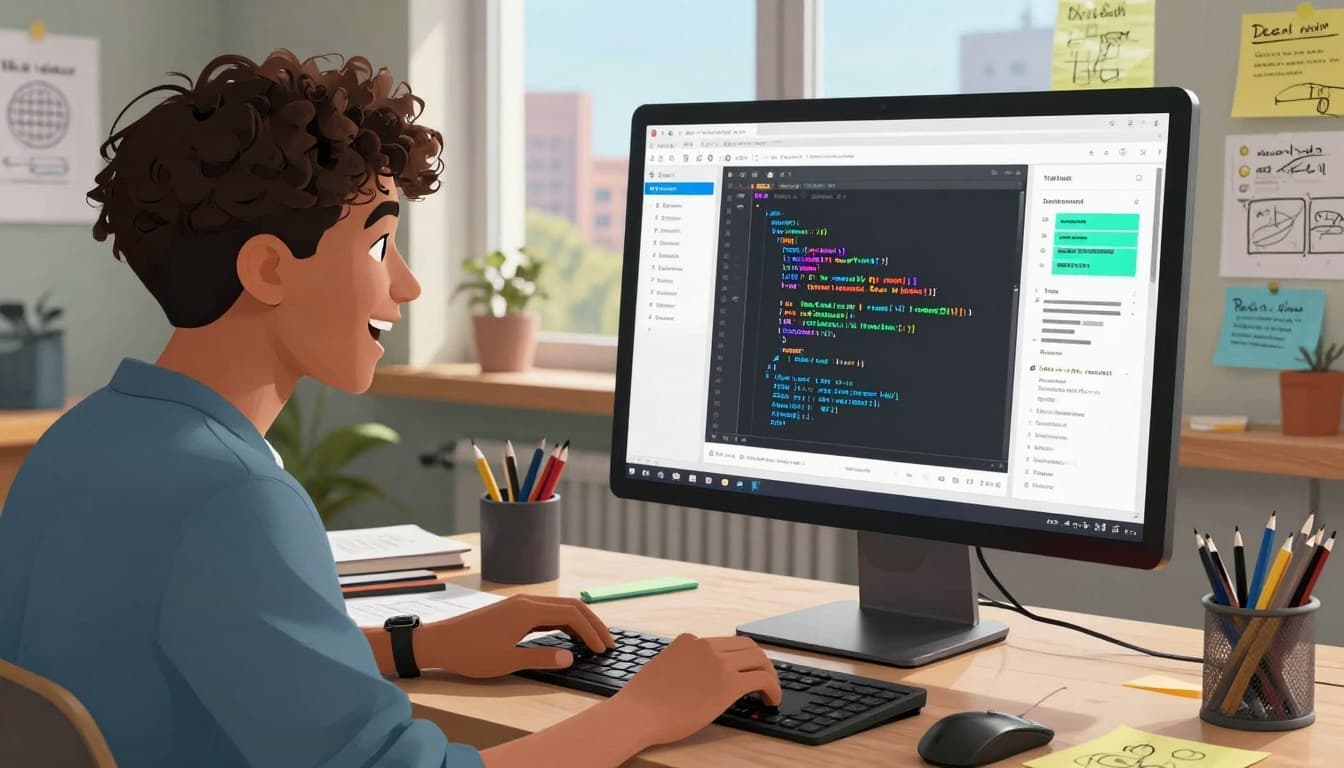 Young Gen Z developer building a small app at a desk with notes and sketches, looking focused and excited. Image created with AI. Young Gen Z developer building a small app at a desk with notes and sketches, looking focused and excited. Image created with AI.